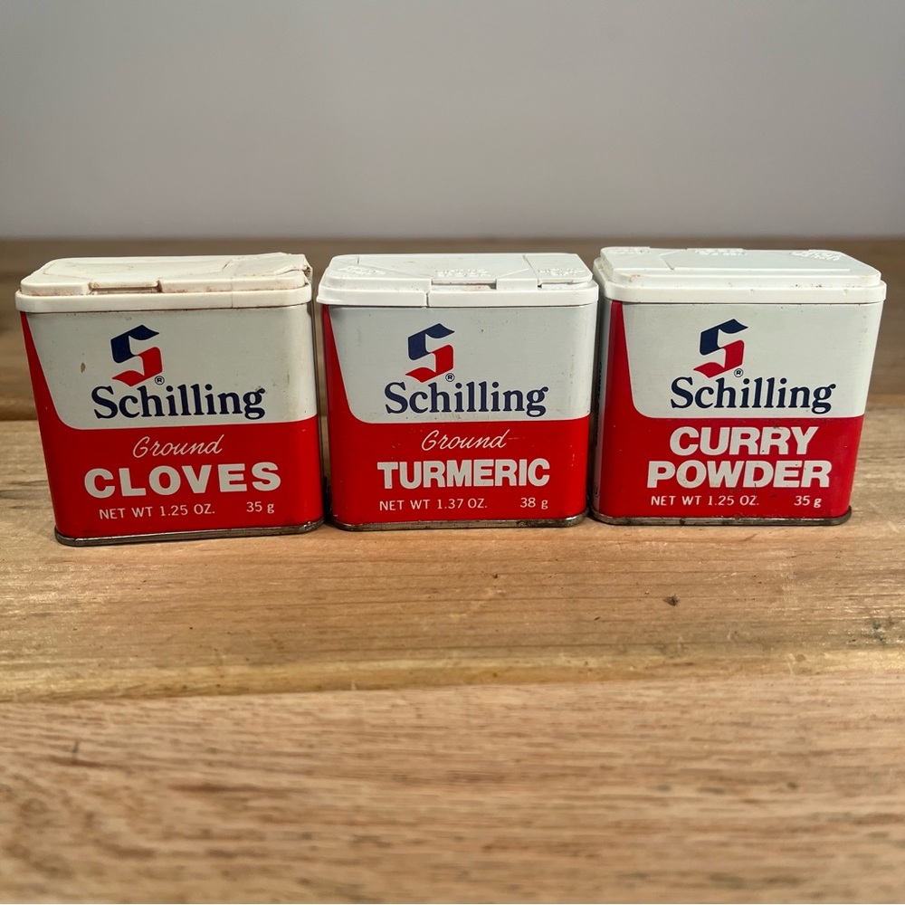 Vintage Lot of 3 Assorted Collectible Spice Tins SCHILLING Rustic Kitchen. Empty